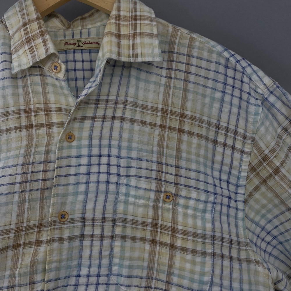 Tommy Bahama Plaid Linen Cotton Shirt Mens Medium Tan Blue Short Sleeve Pocket‎